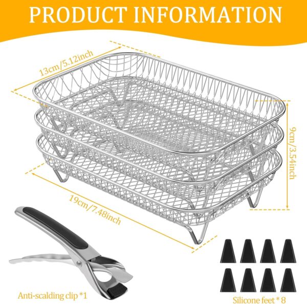 Air Fryer Rack for Ninja Air Fryer 3 Layer Air Fryer Accessories Af300uk Stacking Bacon Racks Rectangular Stainless Steel Dehydrator Rack with 8 Feet 1 Clip for Double Basket Air Fryer Oven - Image 4