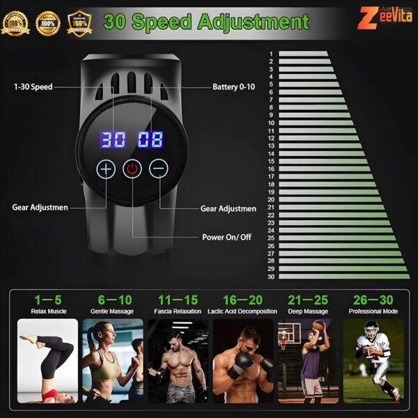 Powerful Massage Gun Deep Tissue with Case, 2025 LCD Portable Muscle Percussion Massager with 30 Speeds for Pain Relief, Handheld Massager with 6 Heads for Shoulder Back Body Neck Arm Legs Relaxation - Image 5