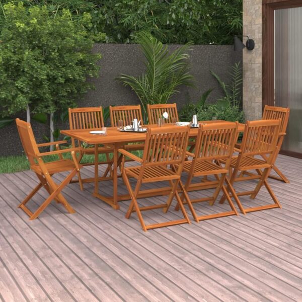9 Piece Garden Dining Set Garden Table with 8 Garden Armchairs Wood Patio Chair with Backrest Outdoor Furniture Set Wooden Extending Dining Table and Folding Chair Solid Acacia Wood - Image 2