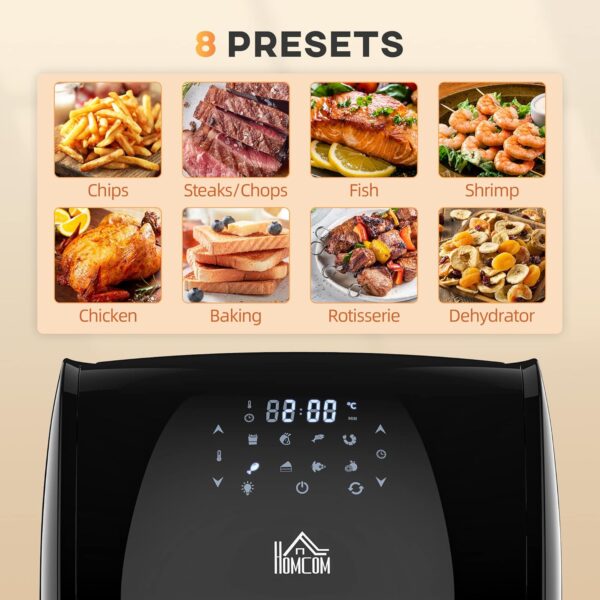 HOMCOM 12L 8 in 1 Digital Air Fryer Oven with Roast, Bake, Dehydrate, 8 Preset Modes, Rapid Air Circulation, Timer, Inner Light, Memory Function, 1800W, Dish Wash Accessory, Black - Image 9