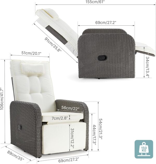Mondeer Garden Recliner Chair, PE Rattan Lounge Armchair with Adjustable Backrest and 360° Swivel Base for Garden Terrace Indoor and Outdoor, Grey and Beige - Image 4