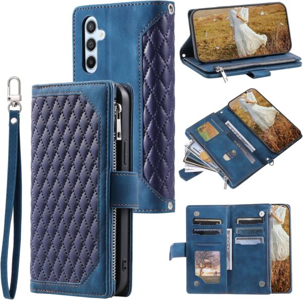 Samsung A25 5G Phone Case Zipper Pocket Flip Shockproof Leather Folio Wallet Case with 6 Card Holder Slots Stand Silicone Bumper Zip Cover for Samsung Galaxy A25 5G Case Girls Women, Blue - Image 3