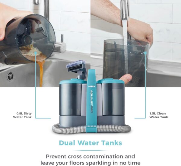 Tower T548007 AquajetPro Spot Cleaner with Window Cleaning Attachment & Extension Pole, 1.5L Clean Water Tank, 0.8L Dirty Water Tank, 450W, Blue - Image 6
