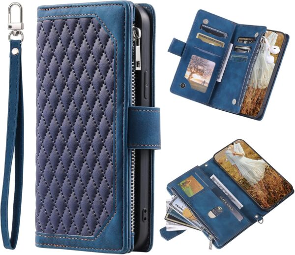 Samsung A25 5G Phone Case Zipper Pocket Flip Shockproof Leather Folio Wallet Case with 6 Card Holder Slots Stand Silicone Bumper Zip Cover for Samsung Galaxy A25 5G Case Girls Women, Blue - Image 2