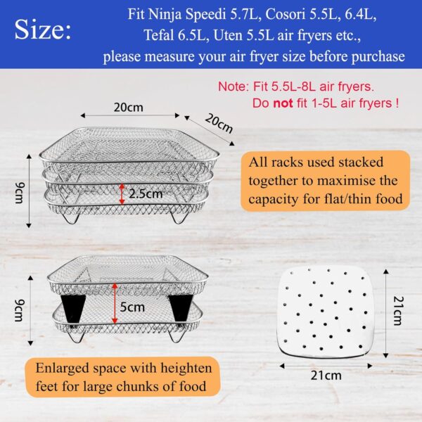 Square Air Fryer Rack Set by Magla. Compatible with Ninja Speedi 5.7L, Cosori 5.5L, Tefal 6.5L etc. Including 8 Extendable Feet and 100 Parchment Paper. Air Fryer Accessories, UK Brand - Image 3