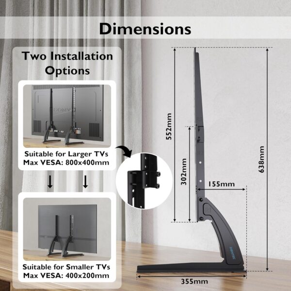 Universal Table Desk Pedestal TV Stand Tabletop Screen for 22"-65" LCD/LED TVs-Securely Holds 50KG & Max.VESA 800x400mm - Image 6