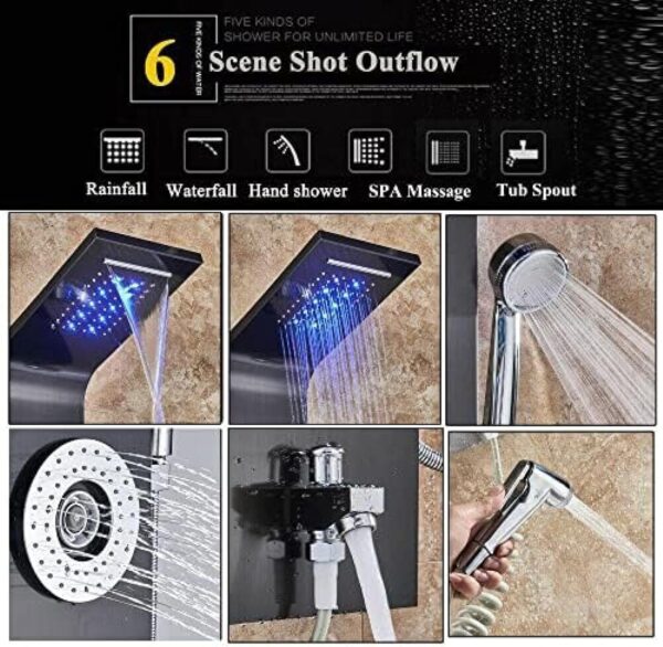Stainless Steel Shower Panel Tower System,LED Rainfall Waterfall Shower Head 5-Function Faucet Rain Massage System with Body Jets-Brushed Nickel C,Black E - Image 7