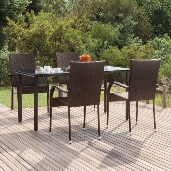 Outdoor Patio Dining Set Weatherproof Oval Table and Chairs 5 Piece Solid Wood Furniture Brown Poly Rattan - Image 2