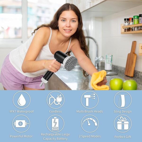 Electric Cleaning Brush, Cordless Electric Scrubber with 3 Replaceable Brushes, Waterproof Electric Spin Scrubber for Cleaning Bathroom, Kitchen, Floor, Rechargeable Power Scrubber, Black - Image 8