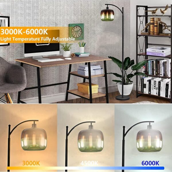 Duotone Glass Floor Lamp, Industrial LED Floor Lamps with 3Color Bulb, Farmhouse Standing Lamp Modern Tall Pole Lighting for Living Room, Bedroom, Office, Study Room (Green) - Image 8