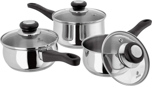 Judge Vista Stainless Steel Set of Pans, 3-Piece Set, 14cm,16cm &18cm Saucepans, Classic Curved Shape, Vented Glass Lids, Induction Ready, Oven Safe, 25 Year Guarantee - Image 2