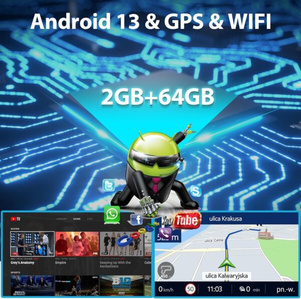 [2GB+64GB] Car Radio Double Din mit GPS Navi Android mit Wireless Carplay, Android Auto, 7 Inch Touchscreen 1080P Screen Car Stereo Radio, Bluetooth, Hifi, FM/RDS Radio, Wifi, AHD Camera, USB 2 Din - Image 3
