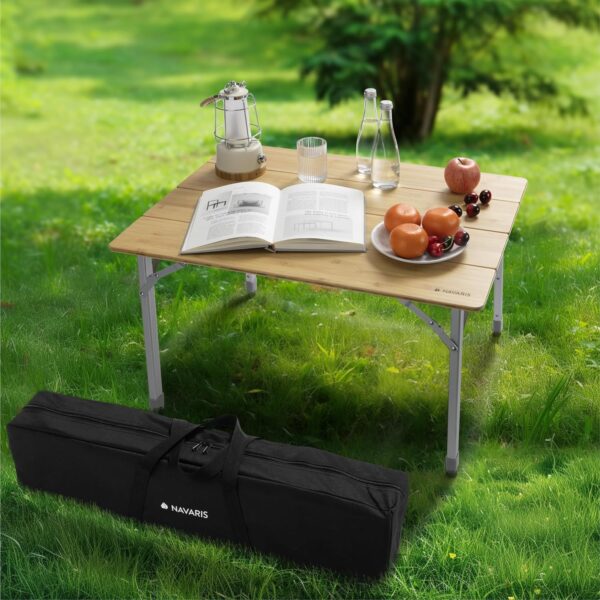 Navaris Bamboo Camping Table - Portable Folding Campervan Table - Picnic Tables that Fold Up - Foldable Fishing Table with Aluminium Telescopic Legs - Outdoor Foldaway Card Table - Image 2