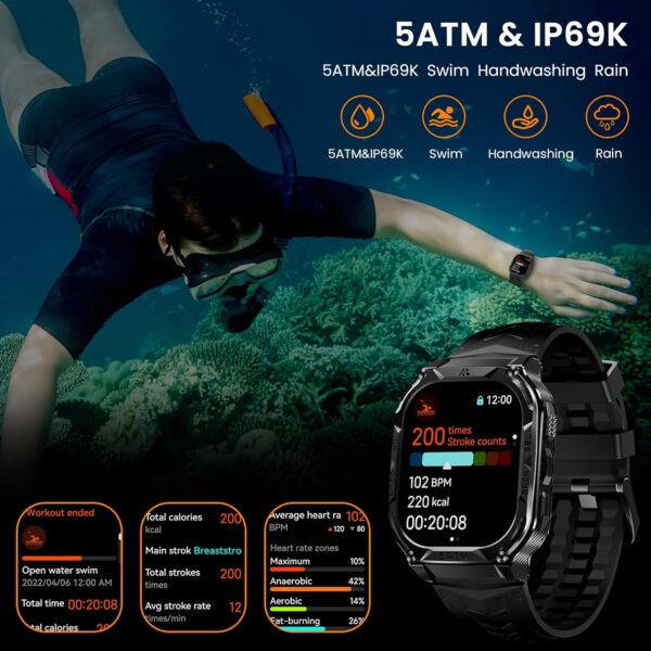 Smart Watch,Built in GPS,480mAh Extra-large Battery,5ATM&IP69 Waterproof,1.96'' AMOLED HD Display AI Voice Assistant Rugged Military Full Metal Body Smartwatch for Android iOS - Image 8