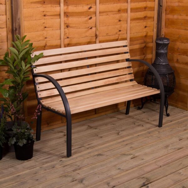 Slatted Garden Bench Wooden Seater Outdoor Furniture Seating Wood Slats Steel Legs Park Patio Seat - Image 2