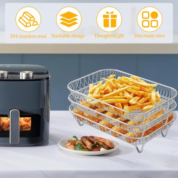 Air Fryer Rack for Ninja Air Fryer 3 Layer Air Fryer Accessories Af300uk Stacking Bacon Racks Rectangular Stainless Steel Dehydrator Rack with 8 Feet 1 Clip for Double Basket Air Fryer Oven - Image 3