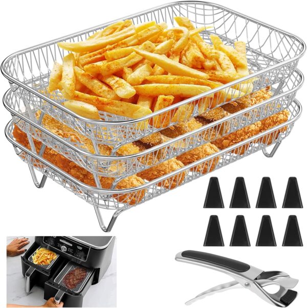 Air Fryer Rack for Ninja Air Fryer 3 Layer Air Fryer Accessories Af300uk Stacking Bacon Racks Rectangular Stainless Steel Dehydrator Rack with 8 Feet 1 Clip for Double Basket Air Fryer Oven - Image 2