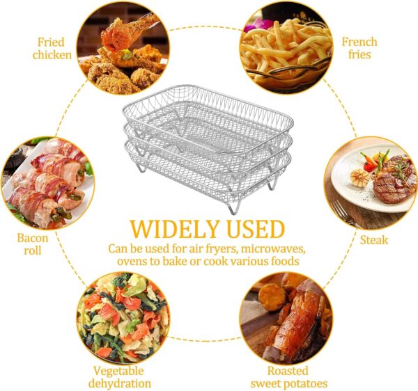 Air Fryer Rack for Ninja Air Fryer 3 Layer Air Fryer Accessories Af300uk Stacking Bacon Racks Rectangular Stainless Steel Dehydrator Rack with 8 Feet 1 Clip for Double Basket Air Fryer Oven - Image 8