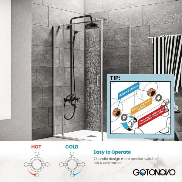 gotonovo Bathroom Shower Faucet Rain Mixer 8 Inch Round Shower Head Double Cross Handle with Tub Spout Wall Mount Bathroom Shower Fixtures 3 Function Metal Handheld Sprayer Matte Black - Image 4