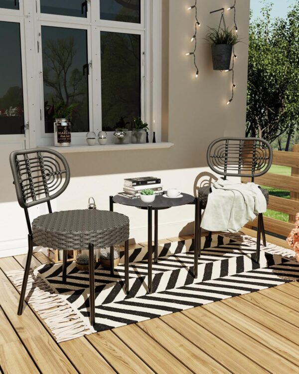 3 Pieces Patio Set, Outdoor Wicker Bistro Set All-Weather Rattan Deck Conversation Set of 3 with Table & Cushions for Deck, Patio, Balcony, Backyard, Black - Image 4