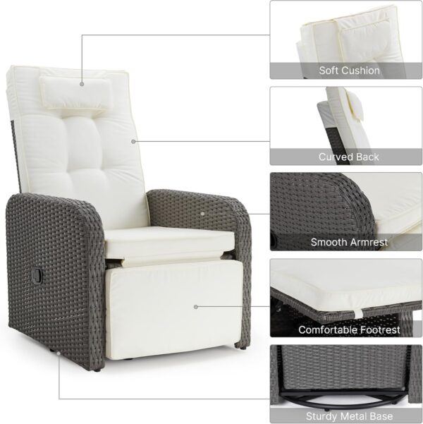 Mondeer Garden Recliner Chair, PE Rattan Lounge Armchair with Adjustable Backrest and 360° Swivel Base for Garden Terrace Indoor and Outdoor, Grey and Beige - Image 8
