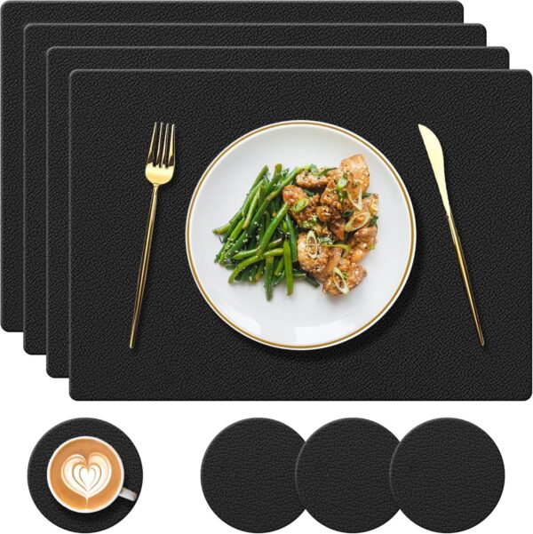 Silicone Place mat and Coaster Set of 4, Placemats Heat-Resistant 450 °F, Non-Slip and Waterproof, Decoration Accessories for Indoor, Outdoor, Home, Hotel, Restaurant, Dining Table, Black - Image 2