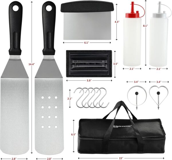 Romanticist 14Pcs Griddle Accessories Kit Flat top Griddle Tools Professional Heavy Duty Grill Spatula Accessories Set, Griddle Cleaning Kit Carry Bag for Outdoor Barbecue and Teppanyaki - Image 3
