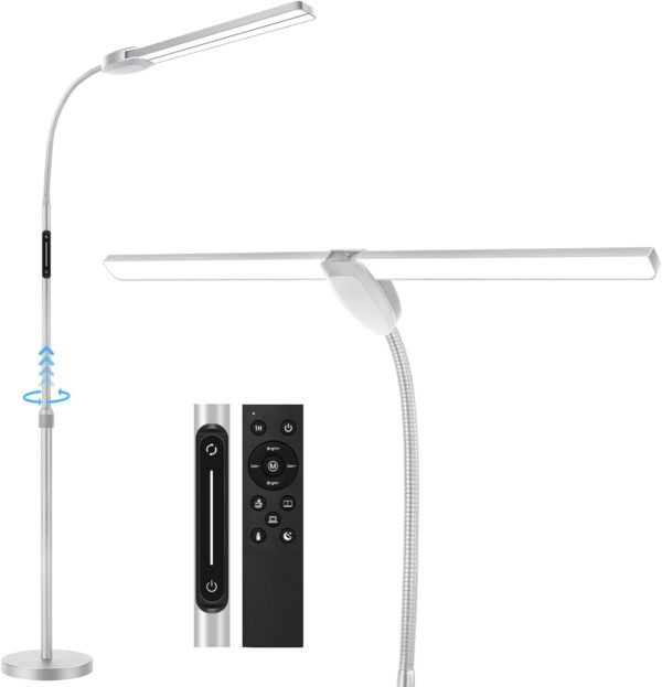 OUTON LED Floor Lamp with Double Head, 18W 1800LM, Super Wide & Bright, Height Adjustable, Remote & Touch Control, Memory Function, Dimmable Standing Lamp for Reading, Working, Sewing, Silver Grey - Image 2