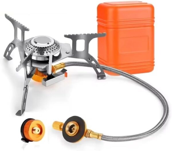 Portable Camping Gas Stove with Carrying Case – 3000W, Built-In Igniter, Foldable, Stainless Steel & Copper, Flame Control Valve, Includes Pipe and Adapter - Image 2