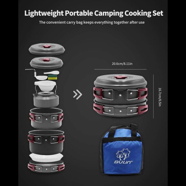 Bulin 20/13/9/7/3 PCS Camping Cookware Mess Kit, Nonstick Lightweight Backpacking Cooking Set, Outdoor Cook Gear for Family Hiking, Picnic(Kettle, Pot, Frying Pan, Bowls, Plates, Spoon) - Image 6