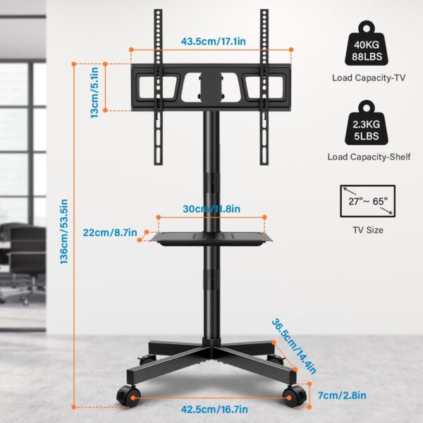 KKTONER Mobile TV Cart for 23 to 60-inch LCD LED Flat Screen/Curved TVs Floor TV Stand on Wheels with Height Adjustable Shelf Max VESA 400x400mm Rolling Floor TV Trolley Holds up to 40KG - Image 3