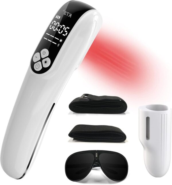 KTS Handheld Red Light Therapy Device for Pain Relief, 12 x 650nm&4 x 808nm Infrared Light Therapy, Portable Red Light Therapy for Joint Muscle Knee Back Shoulder Reliever with Goggles, White - Image 2