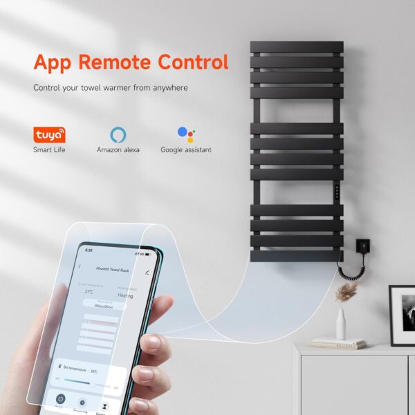 OihPaw Towel Rail Radiator,1300x550 mm WiFi Towel Warmer Rail for Bathroom,526W Wall Mounted electric towel rail with thermostat and LED Indicator,Black Right Electric Heated Towel Rail - Image 3