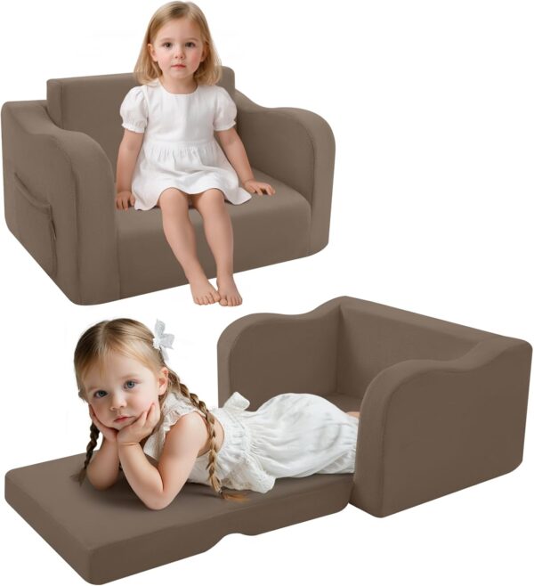 MeMoreCool Kids Couch, Folding Kids Sofa Bed, Flip Out Toddler Armchair Sofa, Baby Lounger Chair to Convertible Couch for Boys Girls, Comfy Foam Child Chair Pull Out Couch for Playroom, Brown - Image 2