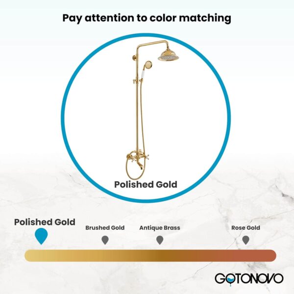 gotonovo Bathroom Exposed Shower Faucet 8 Inch Rainfall Shower Head Set with Tub Spout and Handheld Spray Double Cross Handles Wall Mount Straight Bar without Shower Shelf Polished Gold - Image 6