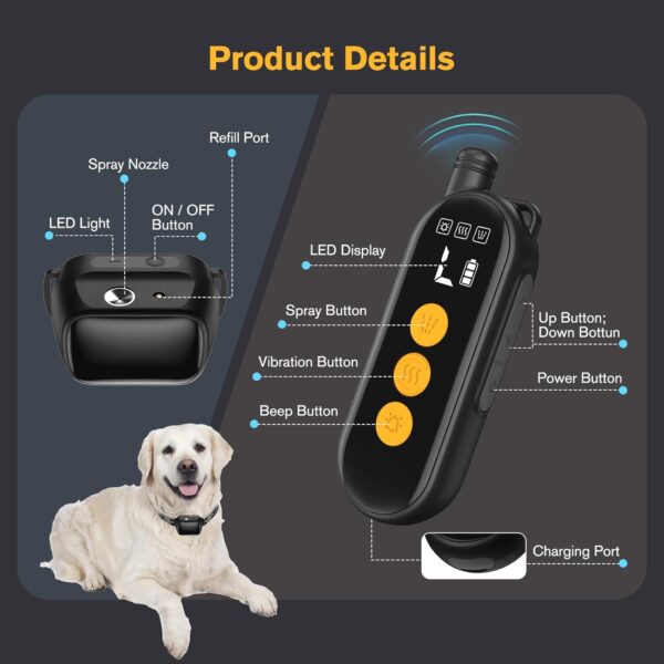 Anti Barking Collar with Remote, Dog Training Collar with 3 Modes Spray/Vibration/Beep, Rechargeable Dog Bark Collar Up to 500FT Control Range, Anti Bark Collars for Small Medium Large Dogs - Image 7