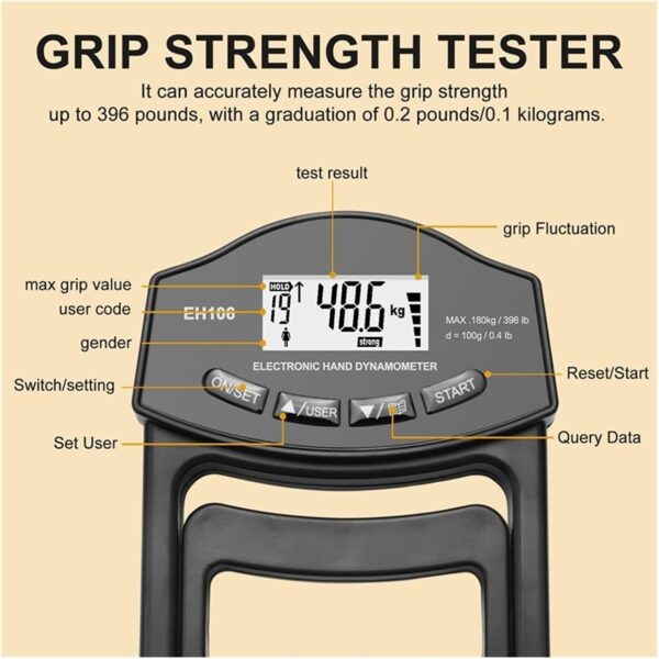 396Lbs/180Kg Digital Hand Dynamometer Grip Strength Meter USB LCD Screen Hand Grip Dynamometer Grip Strength Tester - Digital Tension Meter(Black Grip Meter) - Image 8