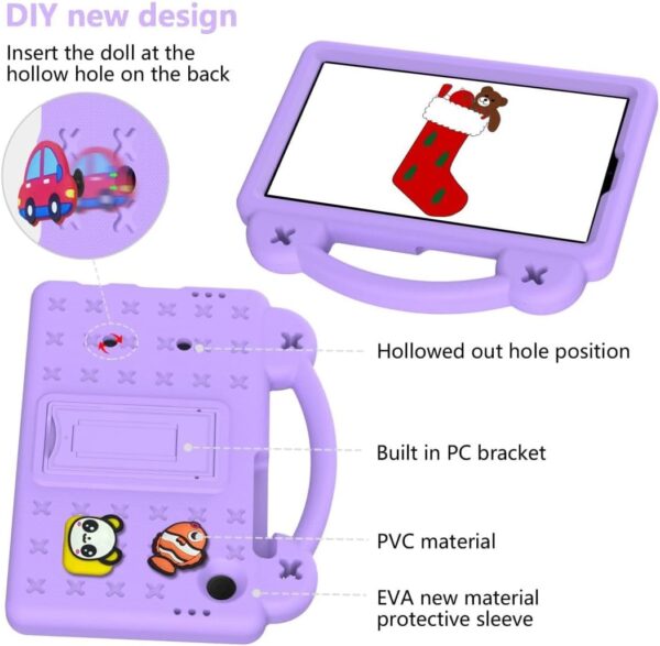 Chstls Kids Case for Samsung Galaxy Tab A9 8,7 Inch (2023) SM-X110 SM-X115 SM-X117, EVA Silicone Shockproof Handle Kids Friendly Cover with Foldable Stand and Detachable Cartoon Doll - Light Purple - Image 6