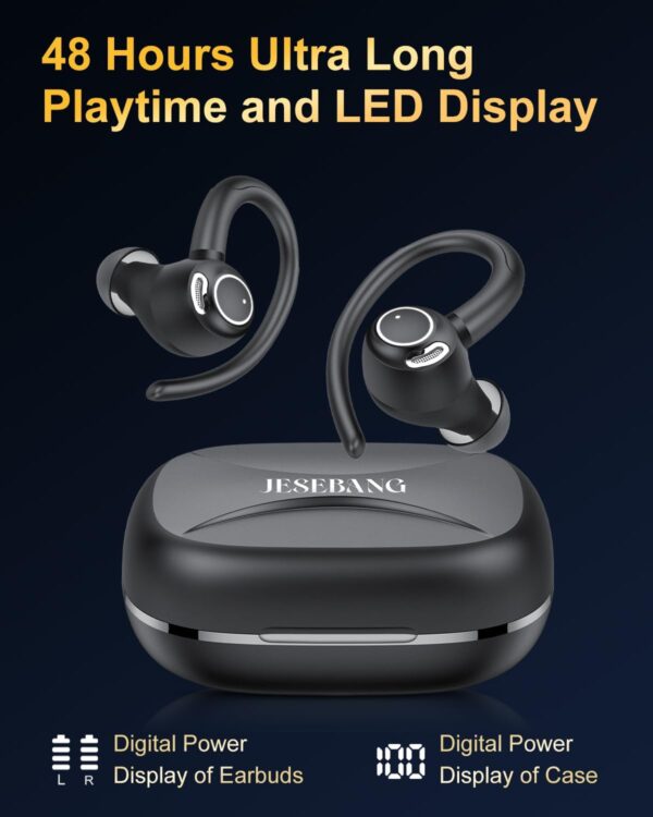 Jesebang Wireless Earbuds, Bluetooth 5.3 Headphones, 2025 Wireless Earphones HiFi Stereo Sound with ENC Mic, Sport Headsets in Ear EarHooks for Running, 40H Dual LED Display, IP7, Black - Image 6