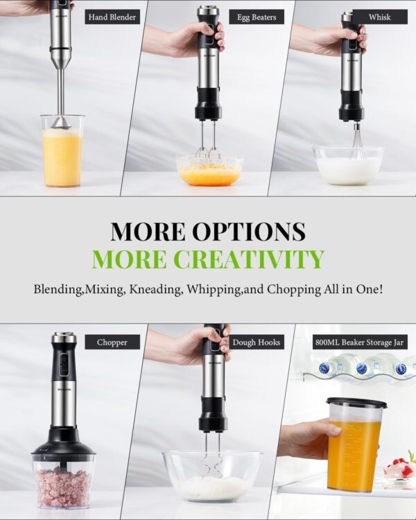 SHARDOR Hand Blender,6 In 1 Hand Blenders For Kitchen,power 1200w,20-Speed & Turbo Stick Blender,Scratch Resistant Hand Whisk Electric With Dough Hooks,Egg Beaters,Whisk,800ml Beaker,600ml Chopper - Image 6