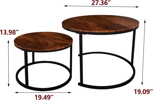HOMERECOMMEND Round Nesting Coffee Table Modern Nesting Side Set of 2 End Table for Living Room,Round Wooden Accent Coffee Table with Solid Powder-Coated Metal Frame, Rustic Brown/Black - Image 3