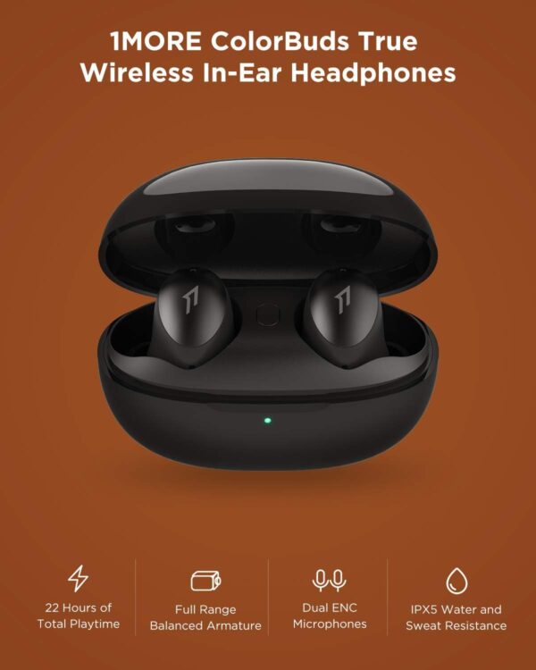 1MORE ColourBuds True Wireless Earbuds, Premium Bluetooth Earphones with Super Light-Weight Design, IPX5 Water Resistant, 22H Playtime, and Dual ENC Mic, for Workout, Sports, Home Office, Black - Image 3