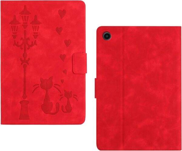 DayQiQiPu Case for Samsung Galaxy Tab A9 SM-X110/X115 8.7 Inch Embossed PU Leather Cats Under The Street Light Pattern Ultra Thin Flip Cover,Red - Image 4