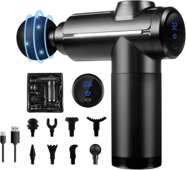 Massage Gun Deep Tissue, Mini Muscle Percussion Massager 32 Gear Adjustment Massagers with LCD Touch Screen 8 Heads for Shoulder Body Back, Black - Image 2