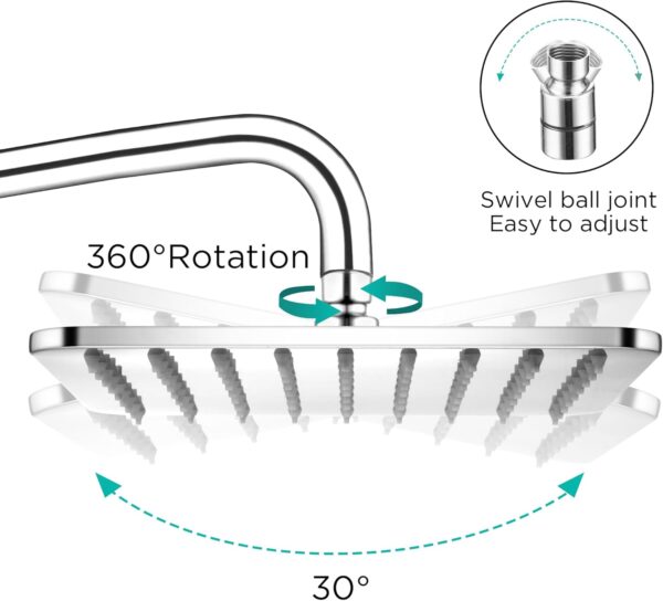 Square Rainfall Shower Head 7.7-Inch Overhead Fixed Rain Showerhead Full Body Coverage Stainless Steel Shower Head with Adjustable Swivel Ball Joint | G1/2" Universal Fitting | Polished Chrome - Image 4