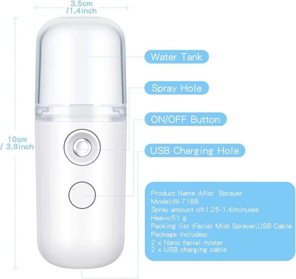 2 Pcs Nano Face Mister 30ml Portable Mini Face Mist Handy Steamer USB Mist Sprayer Facial Steamer Atomization Machine for Skin Care Travel Personal Care Eyelash Extensions - Image 3
