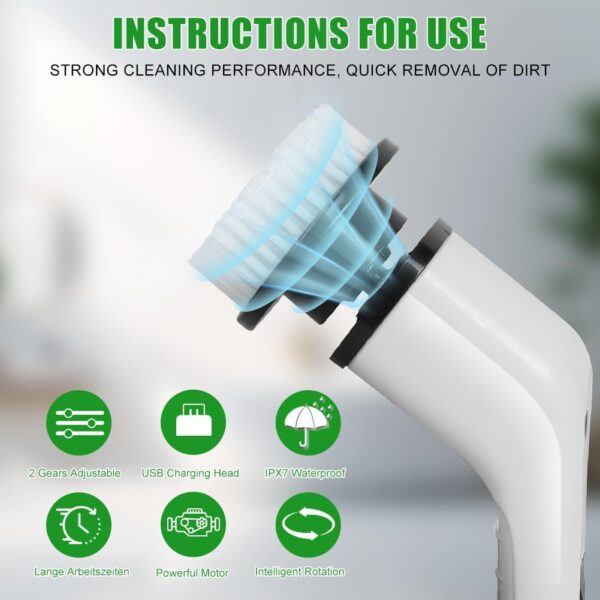 OSDUE Electric Spin Scrubber, Cordless ​Shower Cleaner with 7 Replacement Brushes, 400 RPM Electric Bathroom Cleaning Brush with Adjustable Extension Arm for Tile, Tub, Kitchen, Floor, Bathroom - Image 7