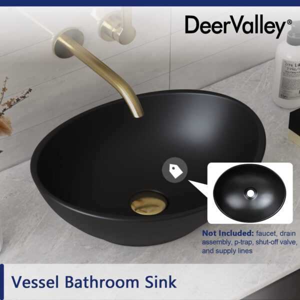 Deervalley Bathroom Sink, 16"x13" Oval Bathroom Vessel Sink above Counter Vanity Sink, Ceramic Wash Basin (Black, DV-1V0011) - Image 8