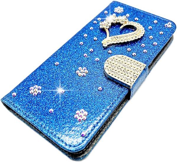 Bling Bling Wallet Case for MOTO G 5G 2024 Pocket Case Blue Glitter 3D Diamond Heart Bling Glitter Pattern PU Leather Folio Shiny Flip Case Kickstand Sparkle Magnetic Book Wallet for MOTO G 5G 2024 - Image 5
