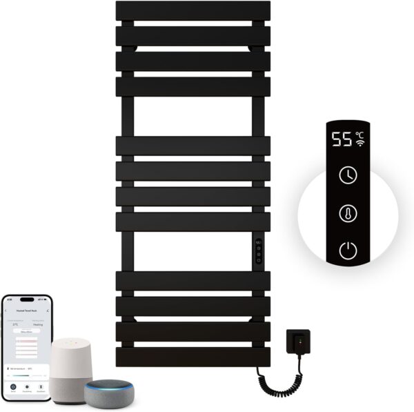 OihPaw Towel Rail Radiator,1300x550 mm WiFi Towel Warmer Rail for Bathroom,526W Wall Mounted electric towel rail with thermostat and LED Indicator,Black Right Electric Heated Towel Rail - Image 2